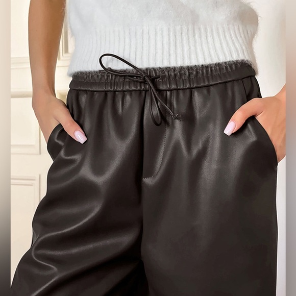 Commense Chocolate Brown Wide Leg Elastic Waist Drawstring Faux Leather Pants Sm - Picture 2 of 10